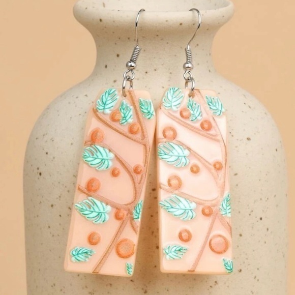 Beautiful Acrylic Leaf Print Earrings - Picture 2 of 5